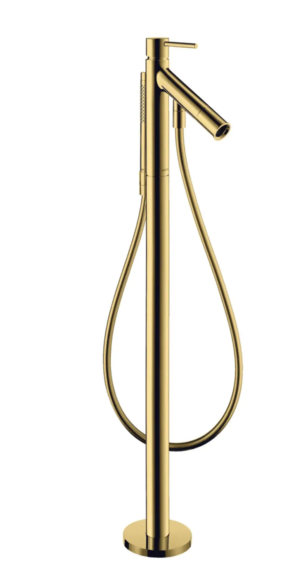 Bodenstehender Wannenmischer in Polished Gold Optic von AXOR, mit einem langen Auslauf und einem Griff zur Wasserregulierung.
